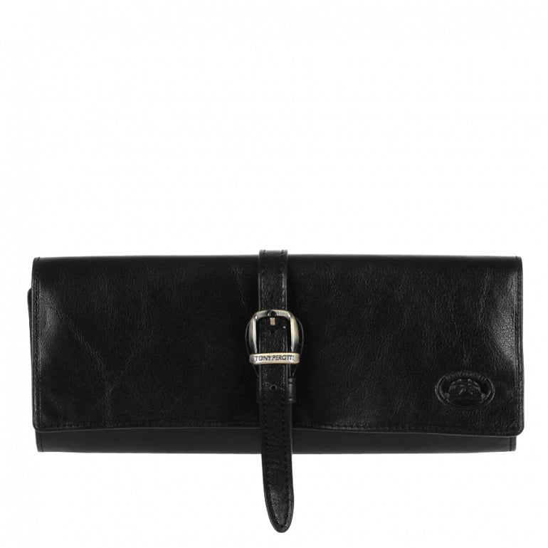 Black leather travel jewelry case Tony Perotti Italico 1286 nero — front with the wrap strap, pin buckle and embossed turtle emblem