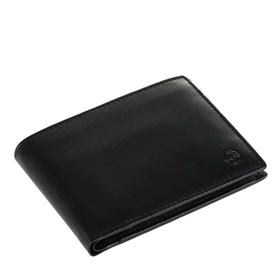 Black Tony Perotti Cortina 5013 wallet lying closed, seen from above — the fold and the slim profile