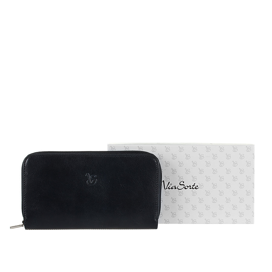 Navy Via Sorte 2250 wallet with its branded Via Sorte gift box