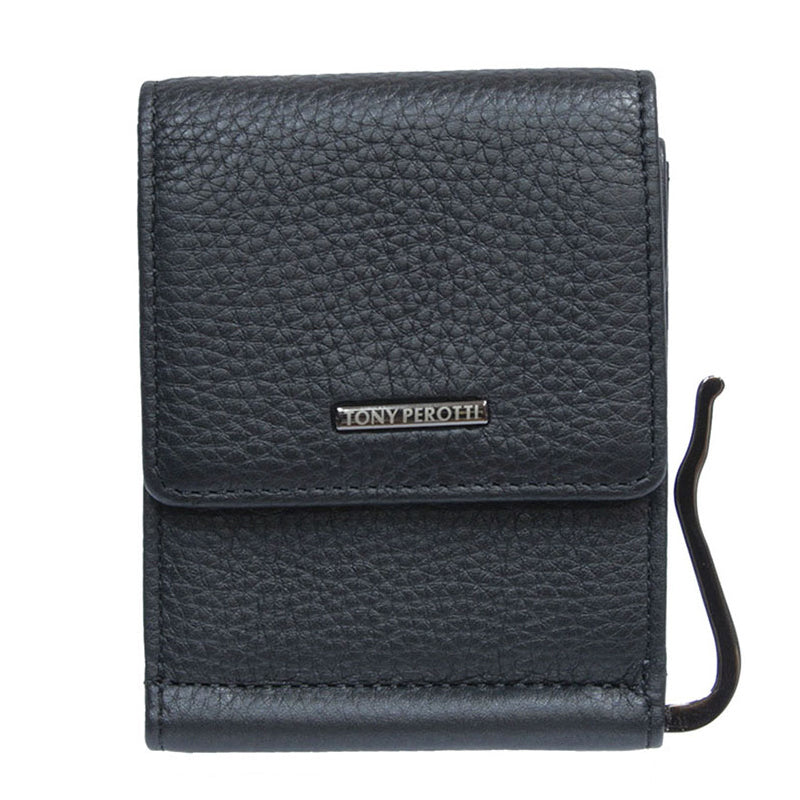 Tony Perotti black calf leather money clip with metal nameplate — New Contatto 3595 nero