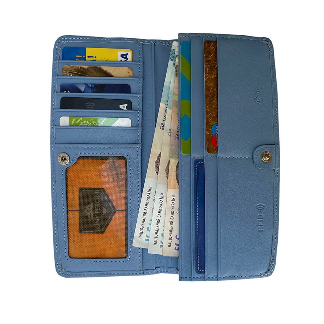 Open Tony Perotti light blue RFID wallet with 12 card slots, banknotes and ID window