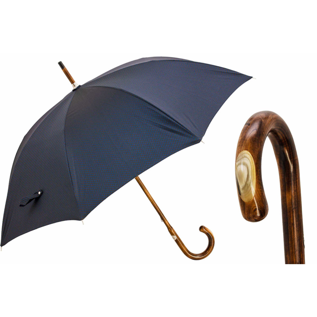 Pasotti men's navy houndstooth umbrella with one-piece maple handle, open, with a close-up of the horn inlay — 142F 52682-3 MC