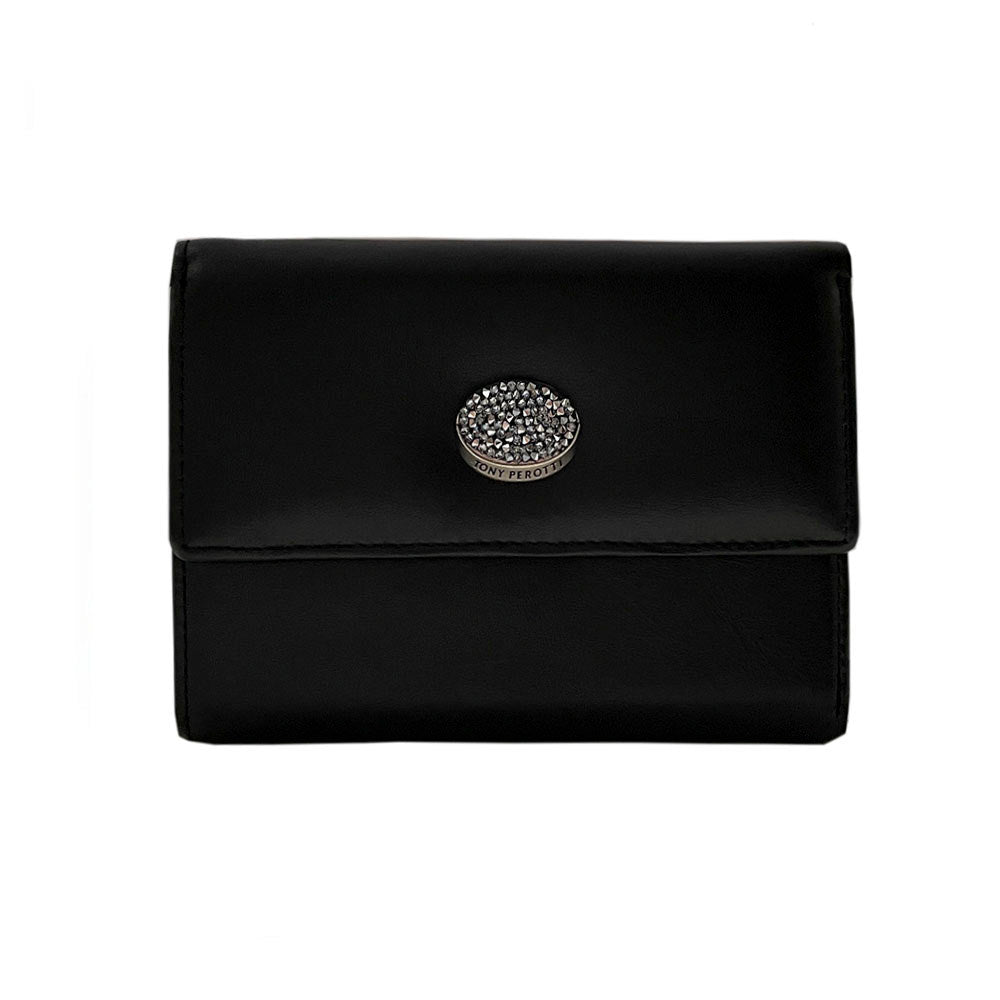 Tony Perotti Swarovski 500N nero black leather trifold wallet with crystal medallion — handcrafted in Italy