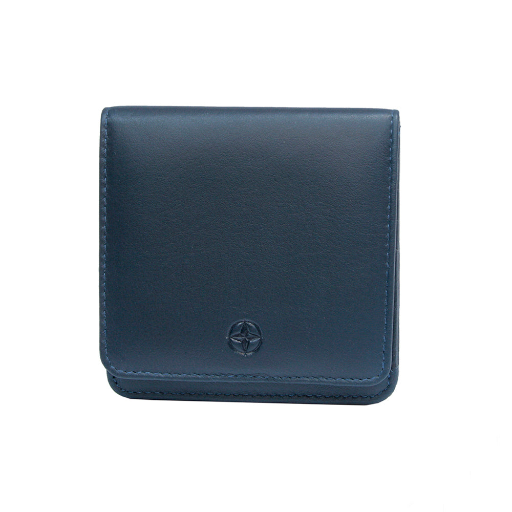 Navy Tony Perotti Cortina 5064 mini square wallet seen straight on, closed, with the embossed compass rose on the flap