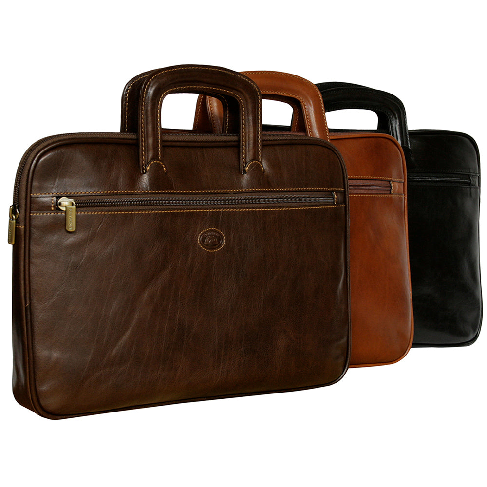 Italico 8090 zip portfolios shown together in dark brown, cognac and black