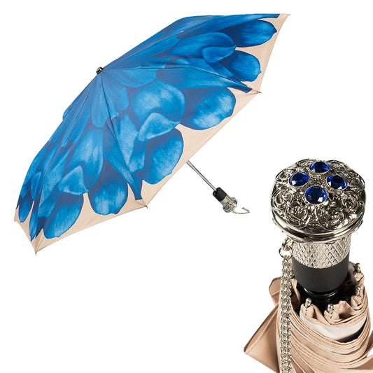 Pasotti women’s lux blue dahlia folding umbrella with jeweled handle
