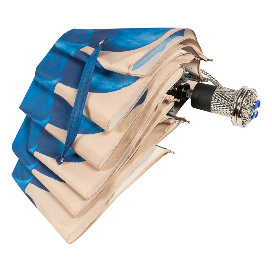 Silver-tone jeweled handle of Pasotti blue dahlia folding umbrella
