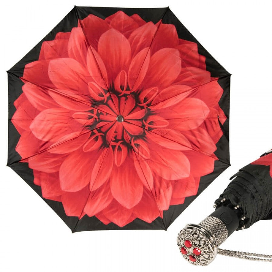 Pasotti women’s red dahlia folding umbrella with jeweled handle