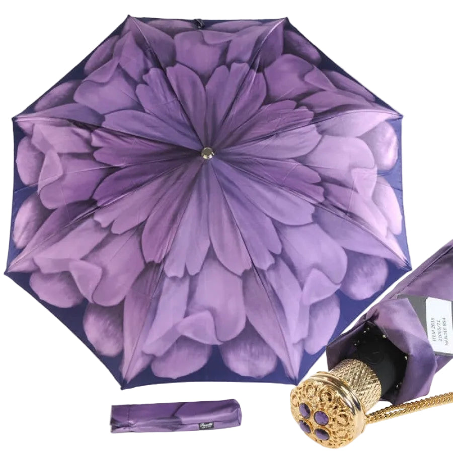 Pasotti women’s lux purple dahlia folding umbrella with jeweled handle