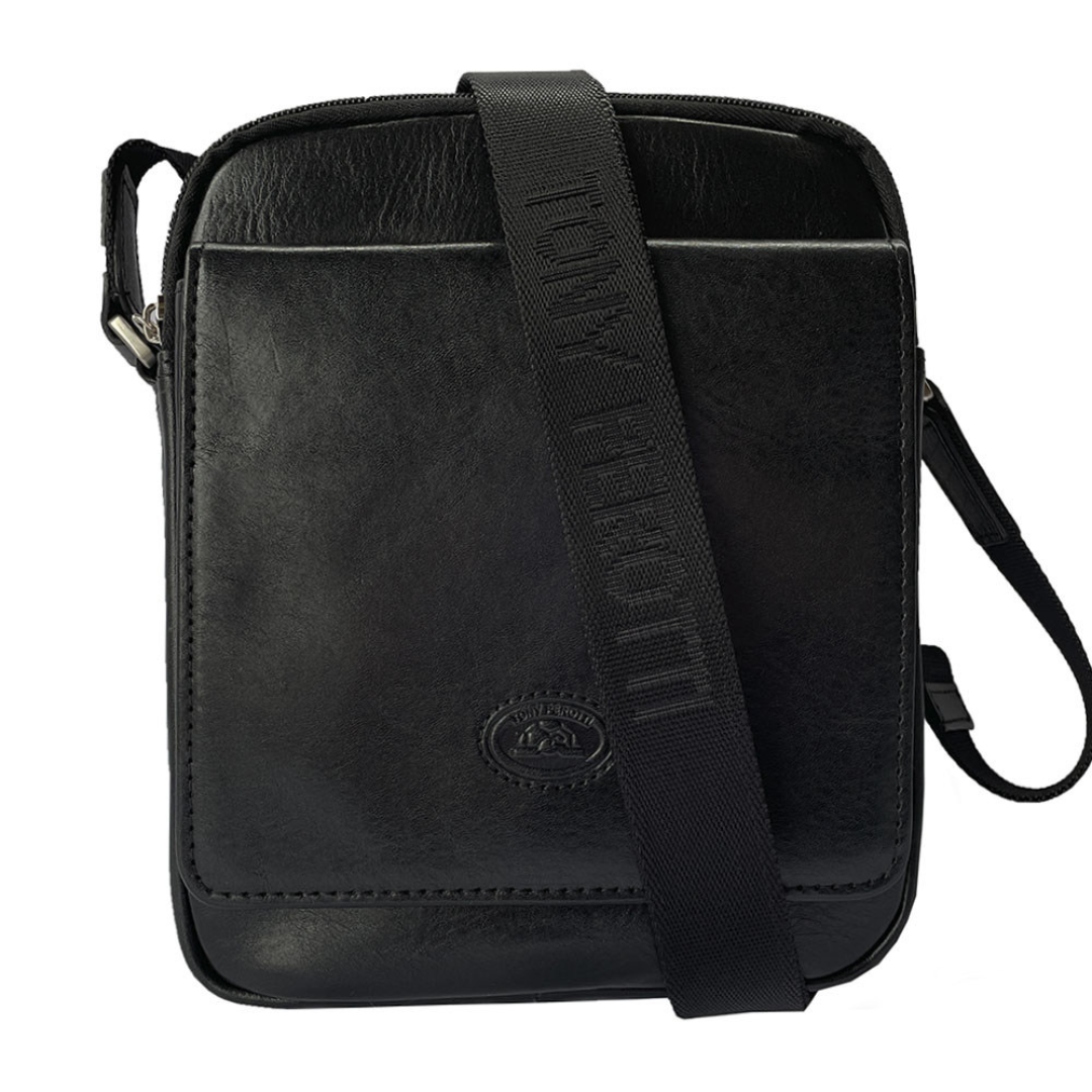 Front of the black Italico 9148-17 — flap pocket with embossed turtle emblem and strap with Tony Perotti lettering