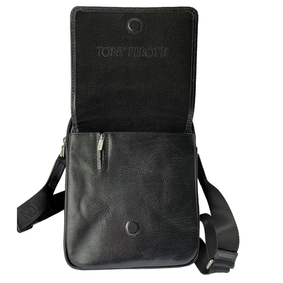 Flap of the black Italico 9148-17 opened — suede underside with embossed Tony Perotti, hidden magnets and small vertical zip pocket