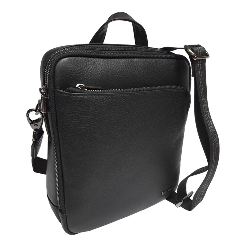 Tony Perotti New Contatto 9744-20 nero at an angle — top handle, front zip pocket, snap hook and the adjustable woven strap