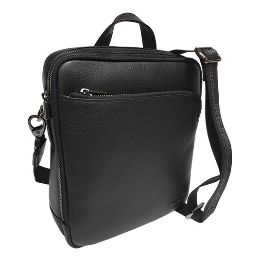 Tony Perotti New Contatto 9744-20 nero at an angle — top handle, front zip pocket, snap hook and the adjustable woven strap