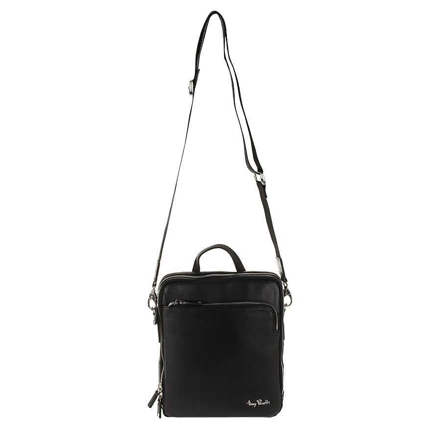 Tony Perotti New Contatto 9744-20 nero black leather crossbody bag hanging on its detachable adjustable strap