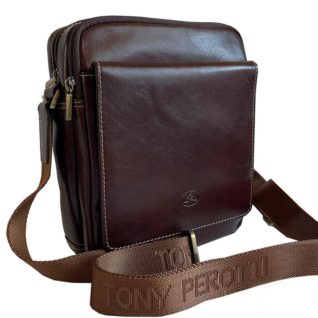 Front of the dark brown Italico 9148-17 with the light brown jacquard strap with woven Tony Perotti lettering