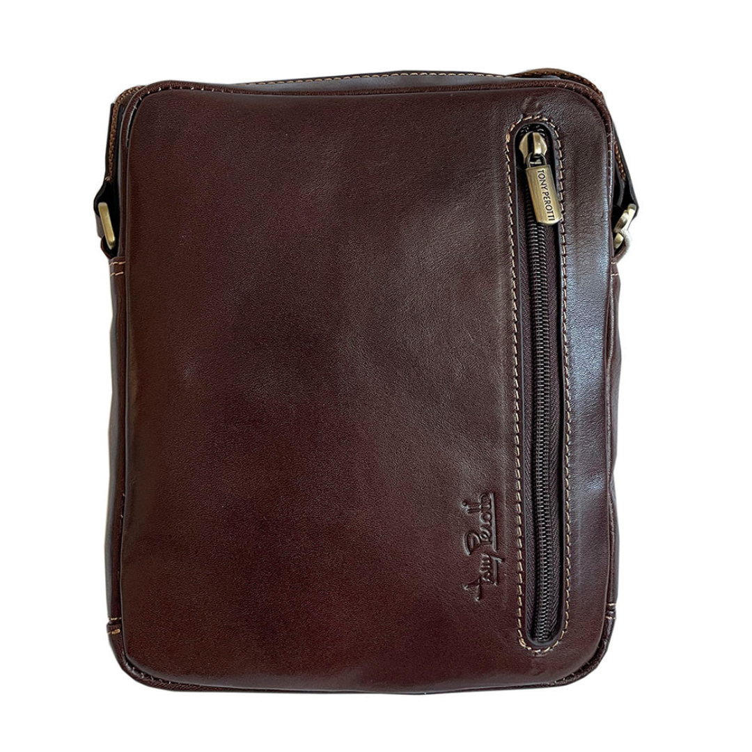 Back of the dark brown Italico 9148-17 — vertical rear zip pocket with branded brass puller and embossed Tony Perotti signature