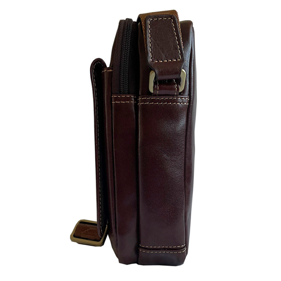 Side profile of the dark brown Italico 9148-17 — two zip compartments and leather strap anchor