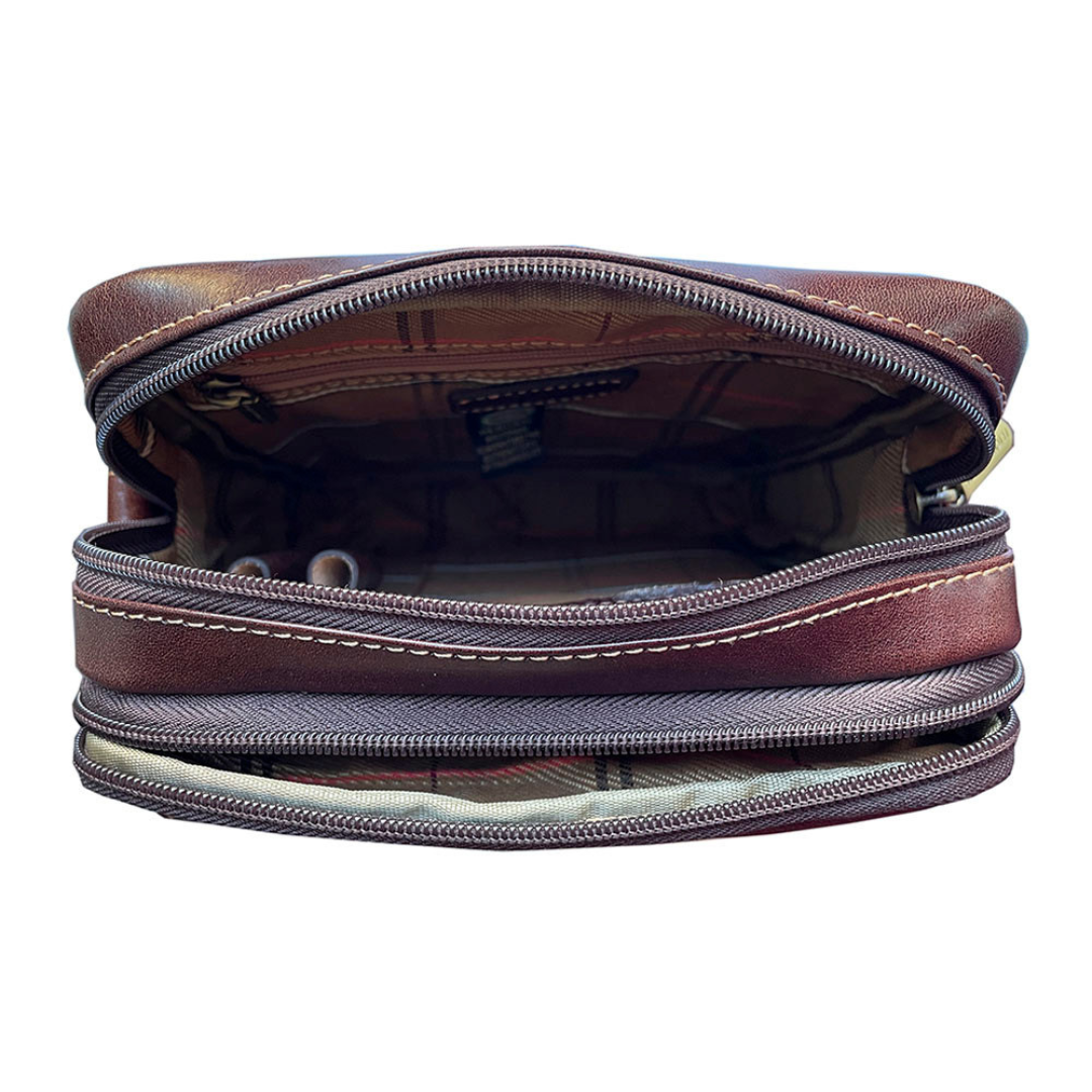 Inside the dark brown Italico 9148-17 — two zip compartments open, branded checked lining and pen loops