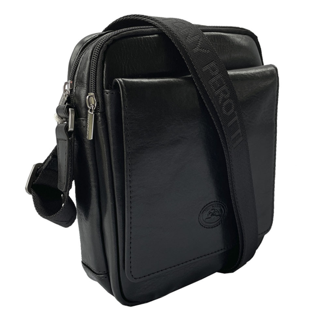 Tony Perotti Italico 9148-17 men's black leather crossbody bag — angled front view with magnetic flap pocket and black jacquard strap