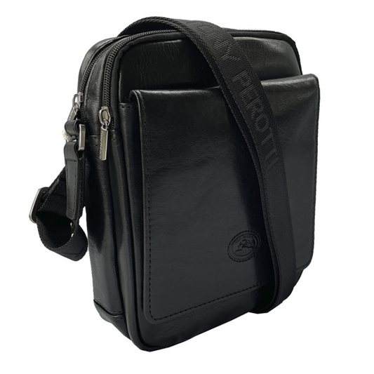 Tony Perotti Italico 9148-17 men's black leather crossbody bag — angled front view with magnetic flap pocket and black jacquard strap
