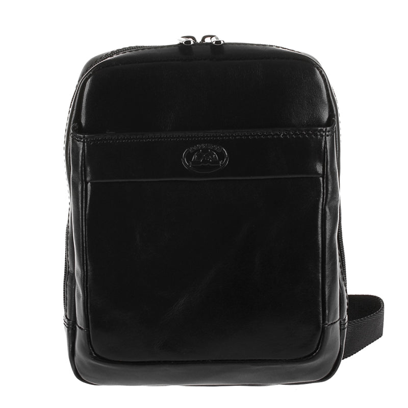 Front view of the black Tony Perotti Italico 9984 — front zip pocket beneath the leather trim with embossed turtle emblem