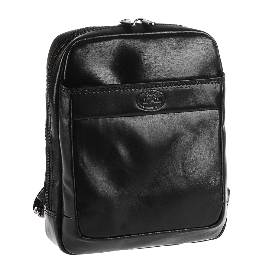 Tony Perotti Italico 9984 men's black leather crossbody bag — angled front view with front pocket and embossed turtle emblem