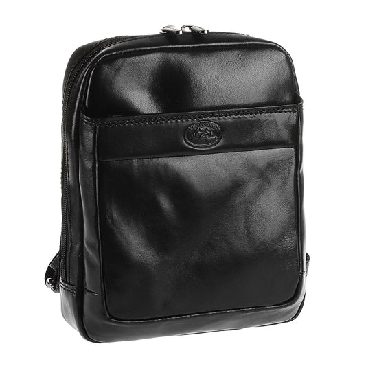 Tony Perotti Italico 9984 men's black leather crossbody bag — angled front view with front pocket and embossed turtle emblem