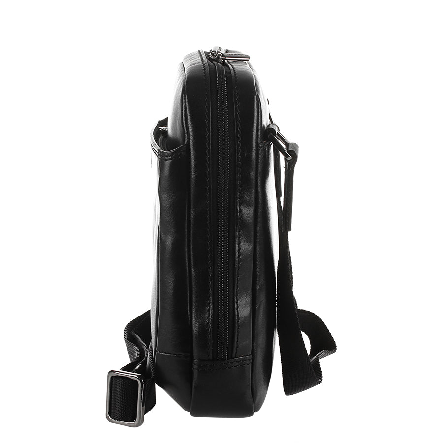 Side profile of the black Tony Perotti Italico 9984 — slim 5 cm gusset and strap with metal adjuster