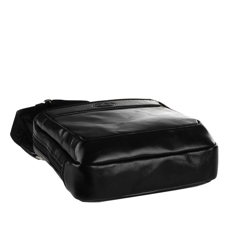 Black Tony Perotti Italico 9984 lying flat — structured bottom and front pocket with turtle emblem