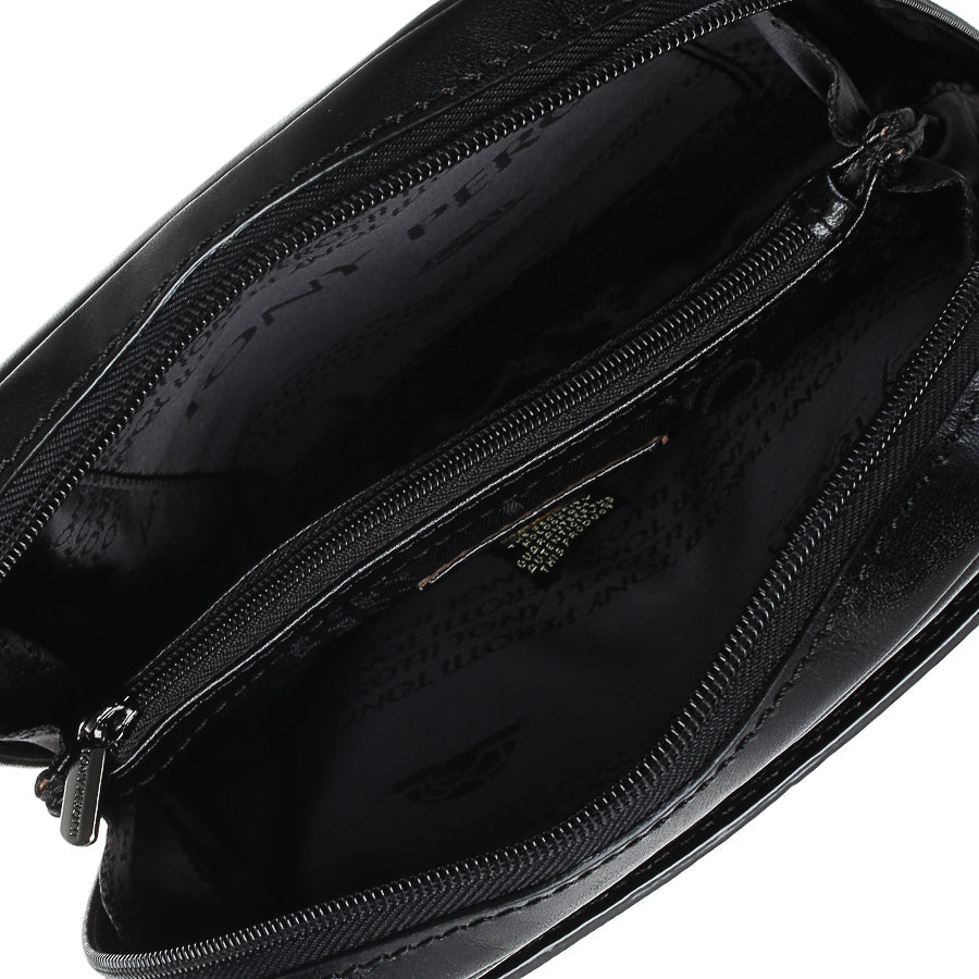 Inside the black Tony Perotti Italico 9984 — two-slider opening, branded lining, zip partition pocket and hologram tag
