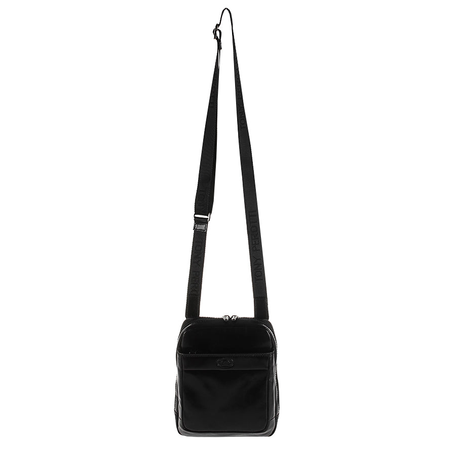 Tony Perotti Italico 9984 black crossbody bag on the long textile strap with Tony Perotti lettering
