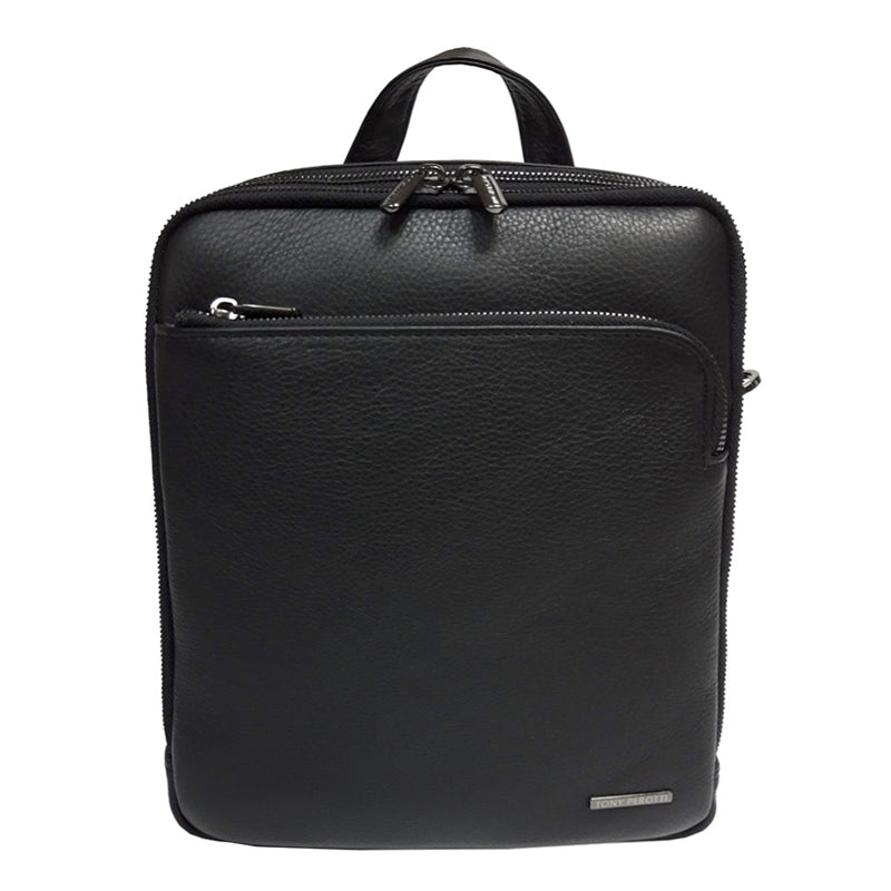 Tony Perotti New Contatto 9744-20 nero men's black grained leather crossbody bag, front view — top handle, curved front zip pocket and the metal TONY PEROTTI plate