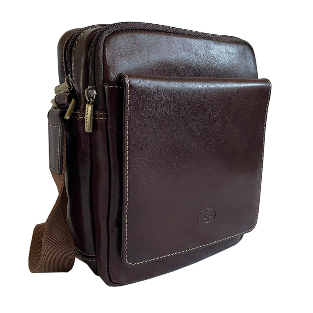 Tony Perotti Italico 9148-17 men's dark brown leather crossbody bag — angled front view with magnetic flap pocket and two zip compartments