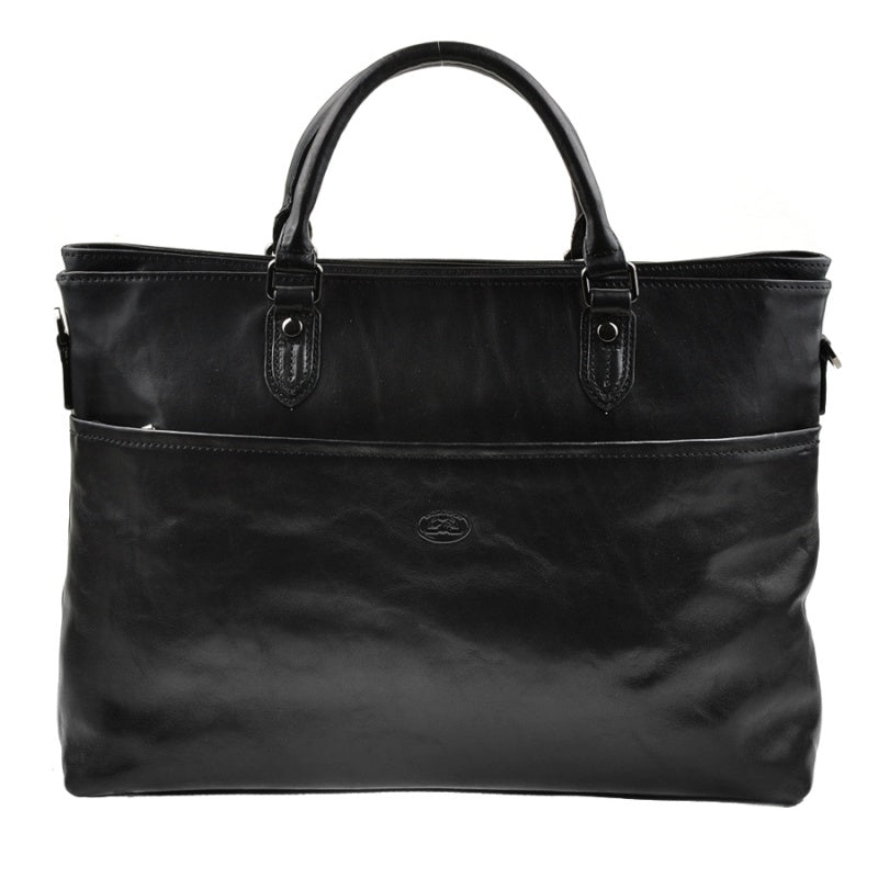 Tony Perotti Italico 7615 nero women's black leather laptop bag seen from the front — the open front compartment with the oval Tony Perotti badge blind-embossed on it