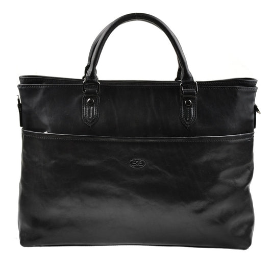 Tony Perotti Italico 7615 nero women's black leather laptop bag seen from the front — the open front compartment with the oval Tony Perotti badge blind-embossed on it