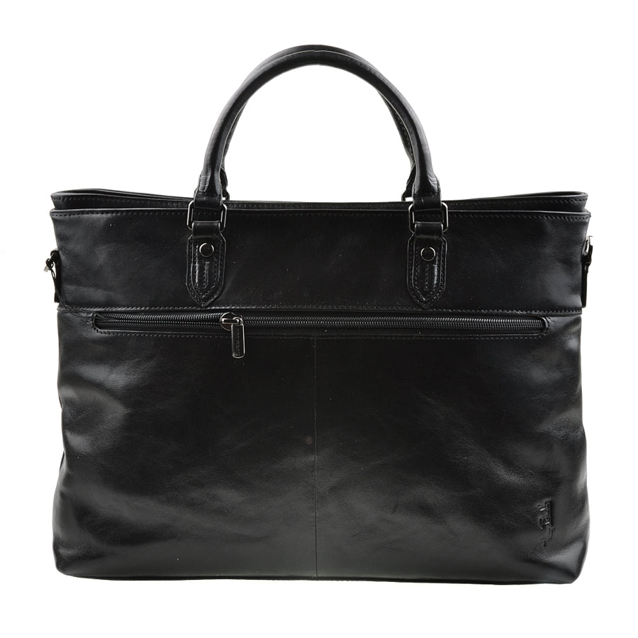 Back of the Tony Perotti Italico 7615 nero women's black leather laptop bag — a full-width zipped pocket and the Tony Perotti signature embossed in the lower corner