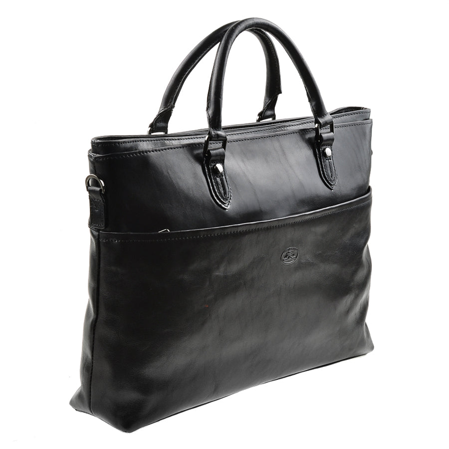 Tony Perotti Italico 7615 nero black leather laptop bag at an angle — the slim flat body, the D-ring for the shoulder strap and two short handles on studded straps