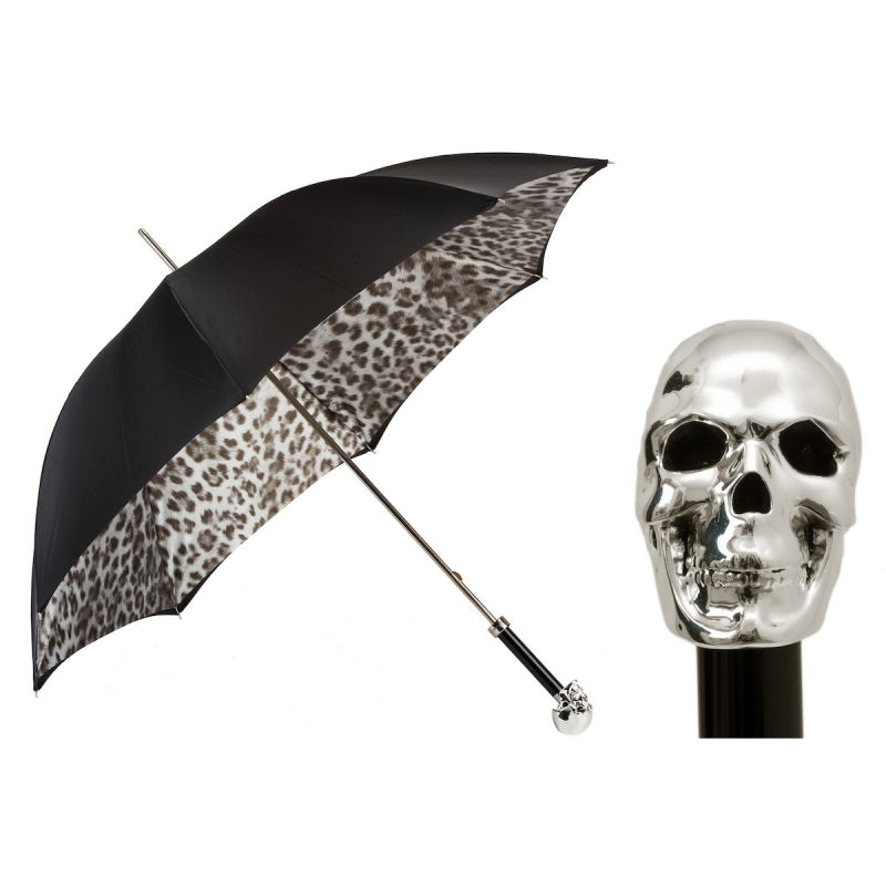 Black Pasotti women's umbrella with Skull handle and leopard print under the dome - img 1