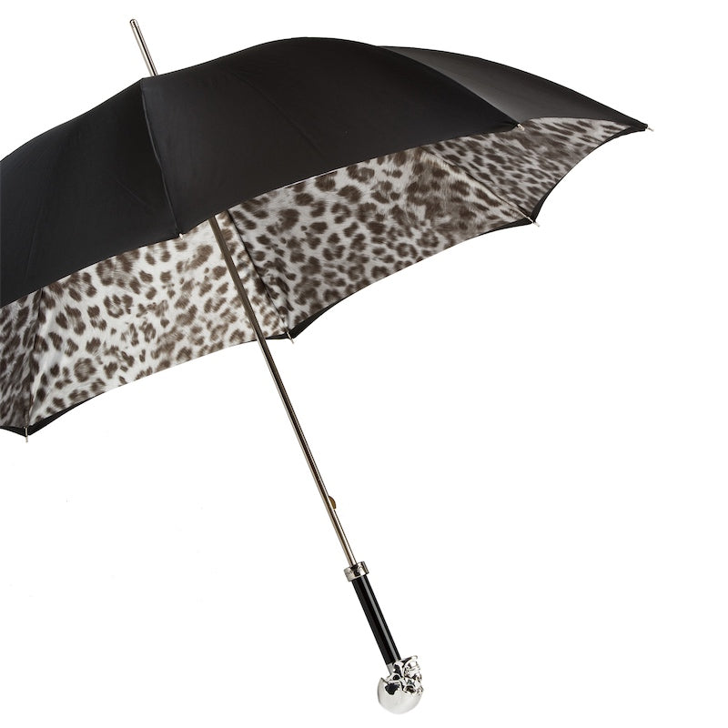 Black Pasotti women's umbrella with Skull handle and leopard print under the dome - img 2