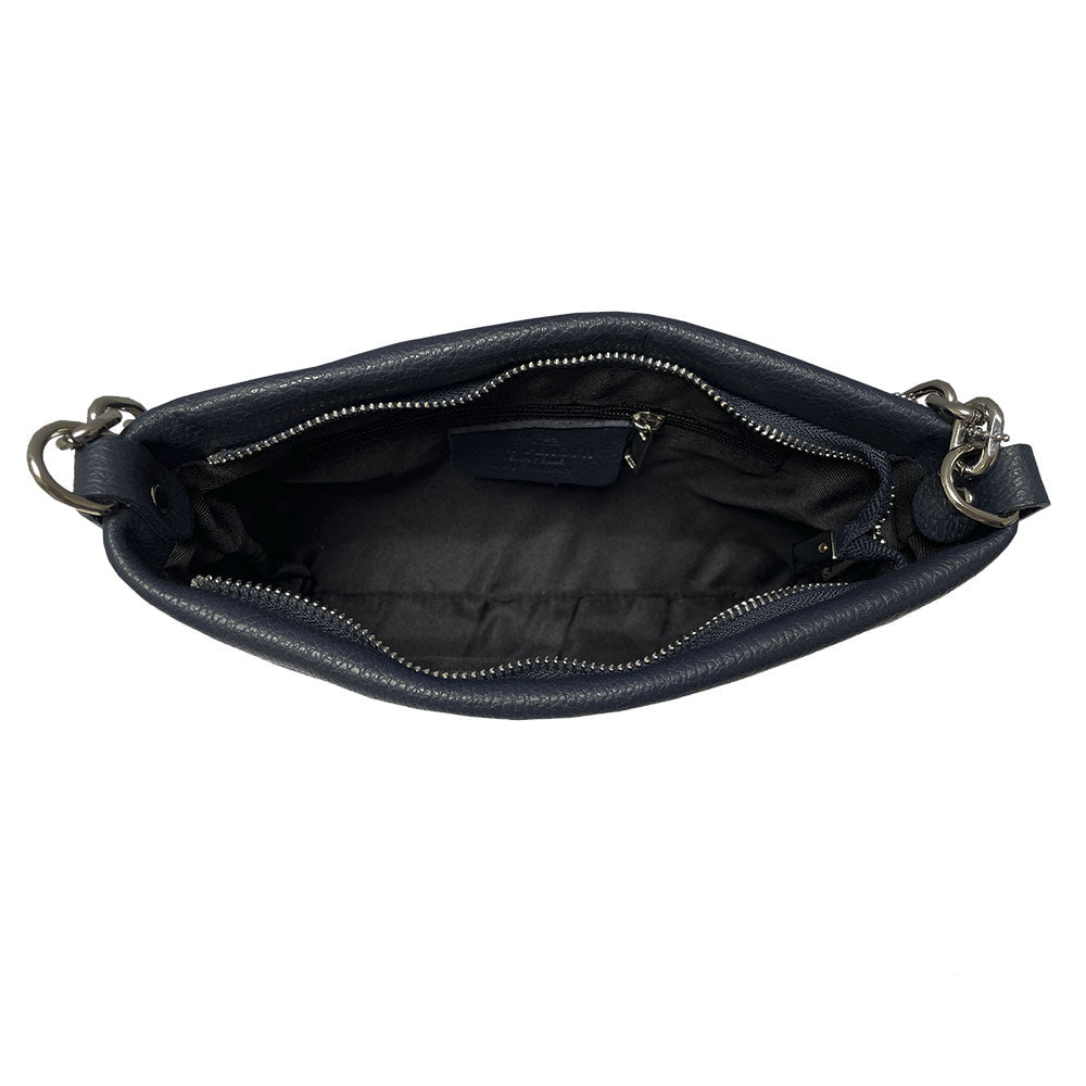 Inside the Tony Perotti Borsa CA045-01BL navy leather bag — a single compartment lined in black textile with a zipped pocket on the wall