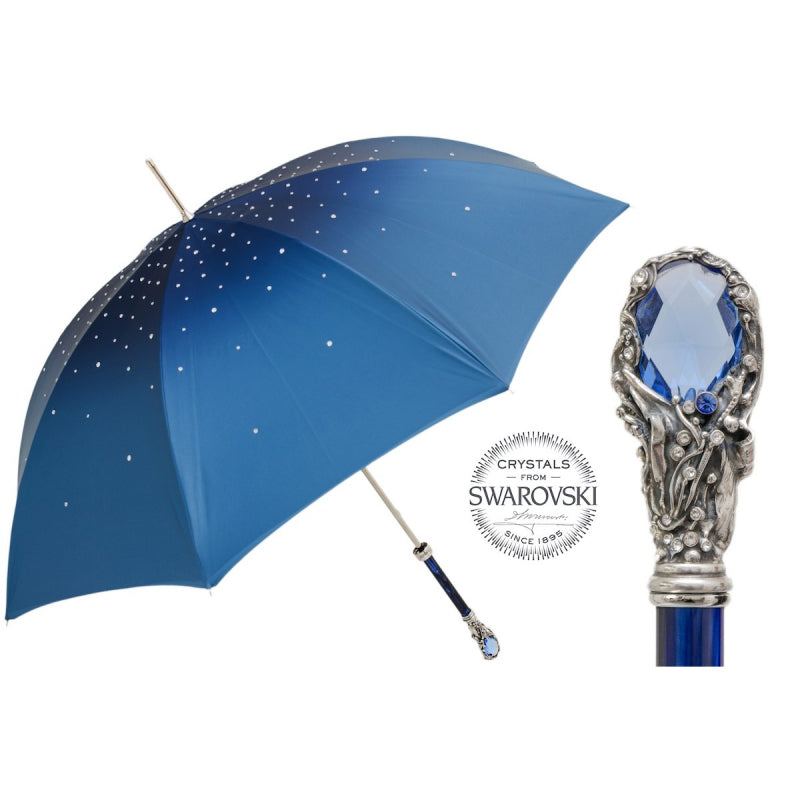 Blue Pasotti women's cane umbrella hand-embroidered with Swarovski crystals