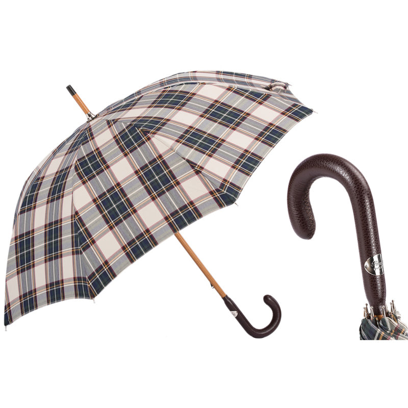 Checkered umbrella with all-wood stem and brown leather handle - img 1