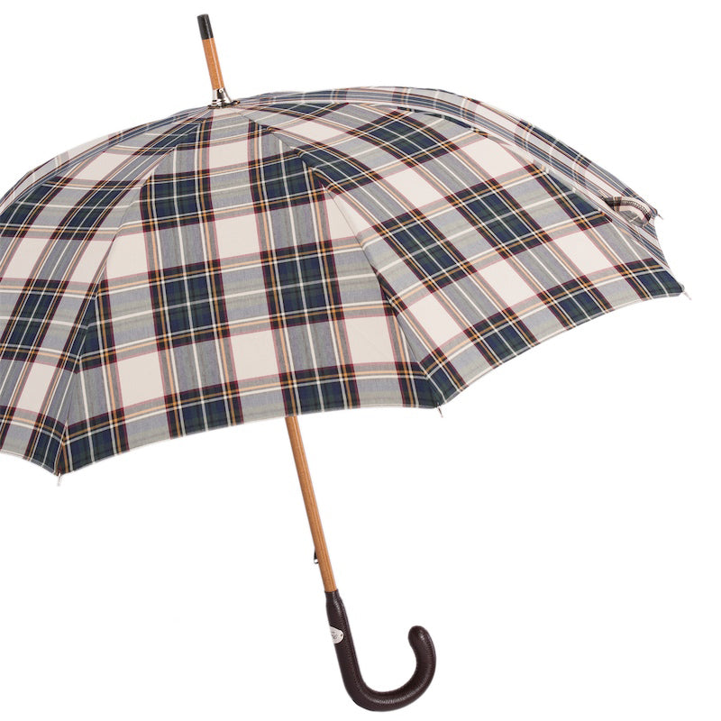 Checkered umbrella with all-wood stem and brown leather handle - img 2