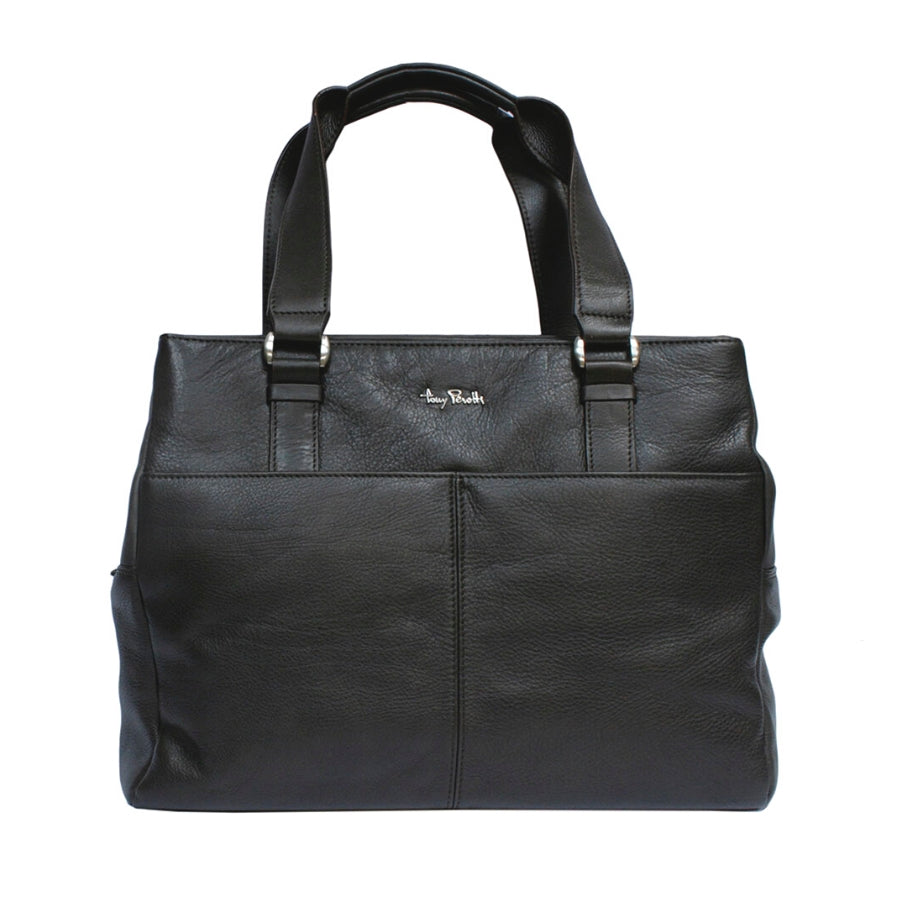 Tony Perotti Contatto 9716 moro women's dark brown leather tote bag seen from the front — two open pockets across the front panel, long handles on silver brackets and the Tony Perotti signature above them