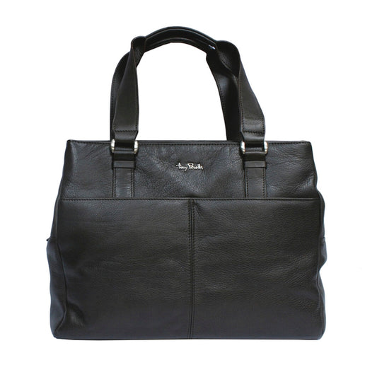Tony Perotti Contatto 9716 moro women's dark brown leather tote bag seen from the front — two open pockets across the front panel, long handles on silver brackets and the Tony Perotti signature above them