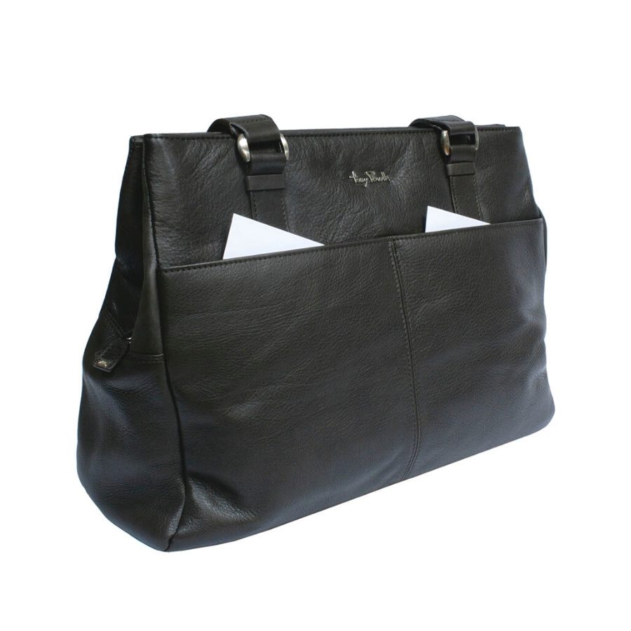 Tony Perotti Contatto 9716 moro dark brown leather tote bag at an angle with A4 sheets standing in the two front pockets, showing the format the bag takes