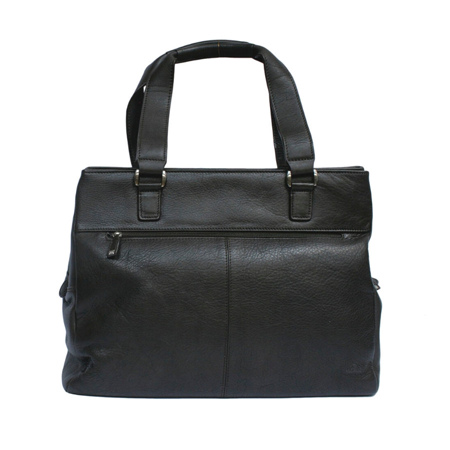 Back of the Tony Perotti Contatto 9716 moro dark brown leather tote bag — a zipped pocket runs the full width below the handle straps