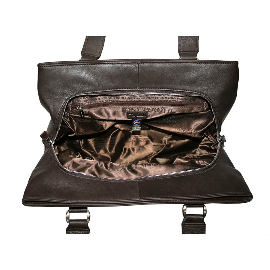 Inside the zipped centre compartment of the Tony Perotti Contatto 9716 moro tote bag — a zipped inner pocket on the branded bronze silk lining and the authenticity tag with the hologram