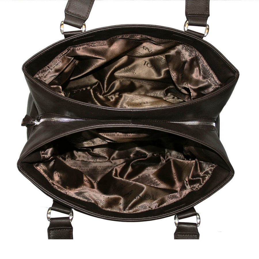 Tony Perotti Contatto 9716 moro tote bag seen from above — the two outer compartments open on bronze silk lining woven with the Tony Perotti name, with the closed zip of the centre compartment between them