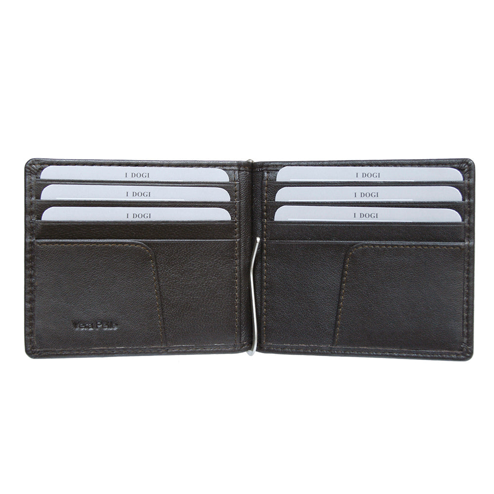 Dark black leather wallet with card slots on a white background